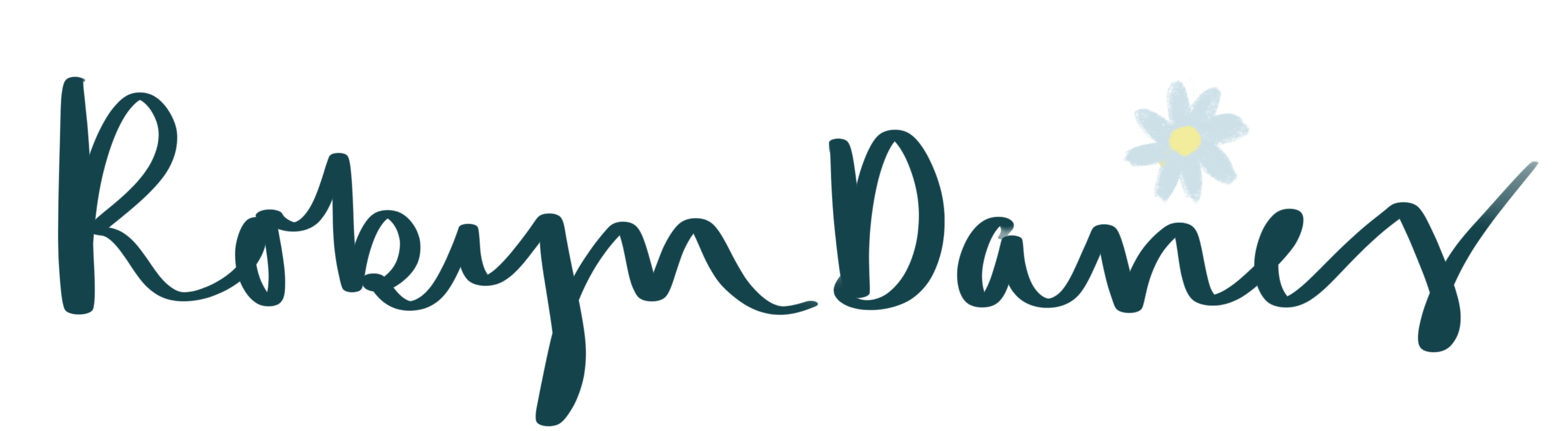 Robyn Davies Artist and Illustrator logo hand written with blue flower